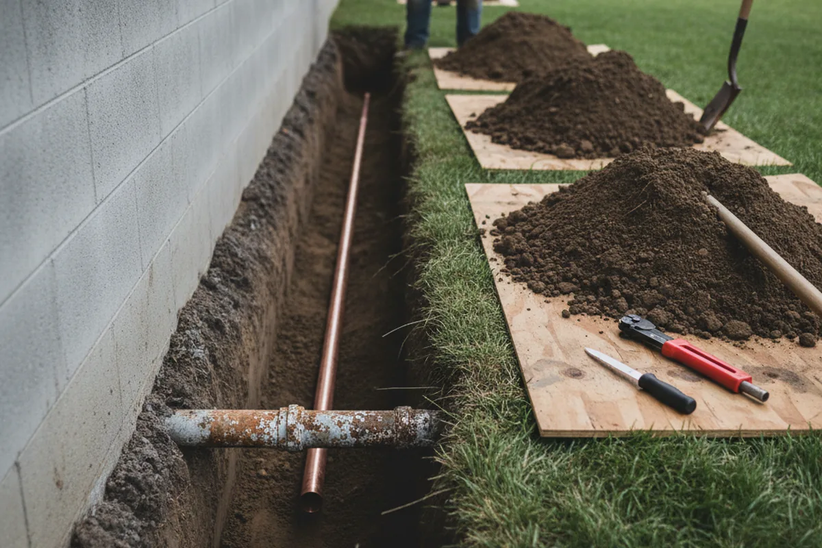 Excavated water line trench during Water Softener Installation in East Moriches